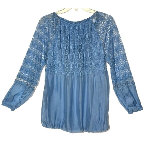 LOLA Blue Silk Lace Long Sleeve Blouse Top - Made in Italy - Picture 2 of 7